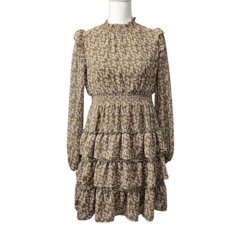 In Loom Floral Bohemian Ruffled Tiered Semi Sheer Long Sleeve Olive Mini Dress
